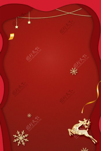圣诞节剪纸风红色梦幻扁平背景海报