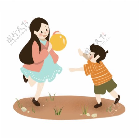 卡通手绘可爱姐弟草地亲子活动玩耍皮球