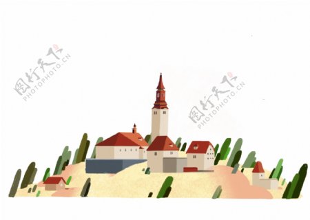 欧洲小镇教堂山顶海报边框底部边框风景底框装饰