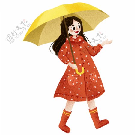 手绘二十四节气雨水撑伞的女孩元素