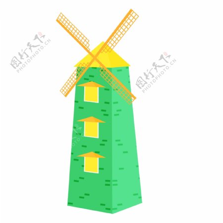 田园风车绿色手绘卡通欧洲建筑广告素材
