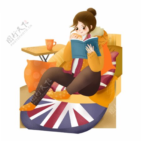 手绘卡通坐着看书的女孩元素