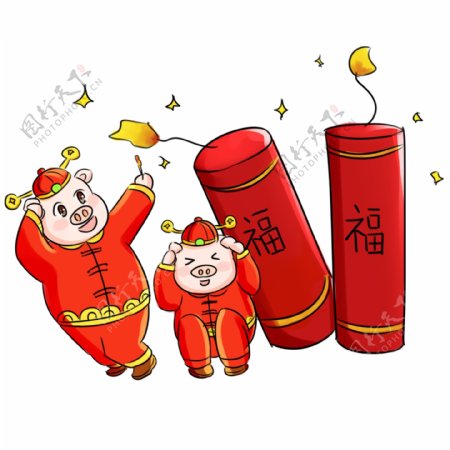 2019猪年新年祝福系列卡通手绘Q版放鞭炮