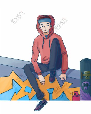 滑板少年手绘插画PNG免抠元素