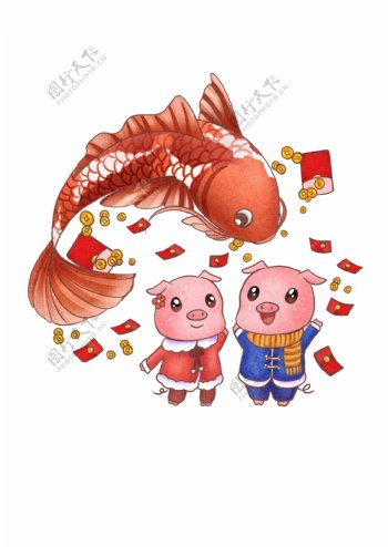 手绘中国红包雨锦鲤和小猪们