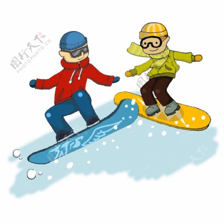 两个兄弟滑雪卡通手绘插画