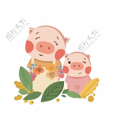 卡通手绘猪年小猪猪妈妈与小猪
