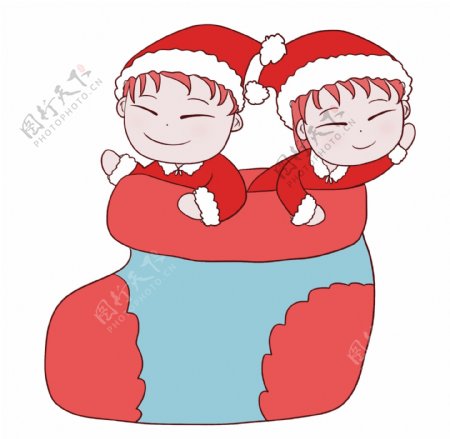 圣诞袜里两个儿童插画