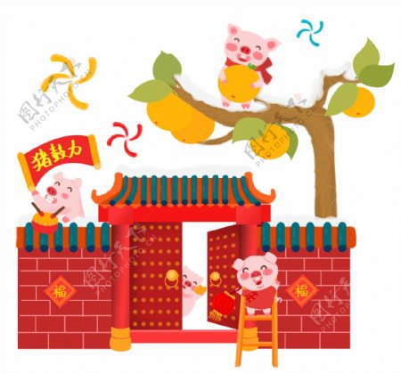 春节卡通手绘庆祝新年的可爱小猪们