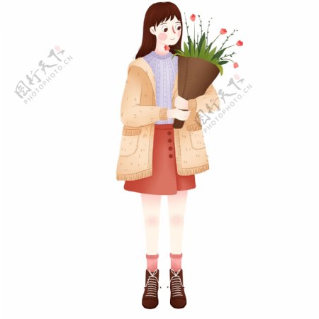 卡通可爱抱着花束的女孩元素