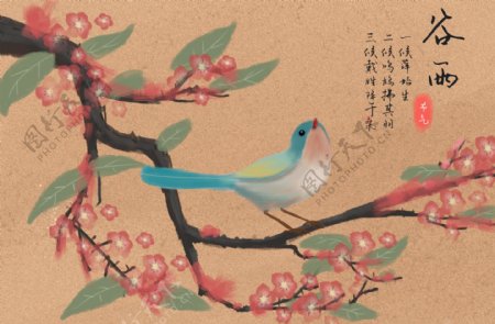 古风花鸟中国风二十四节气之谷雨桃花盛开