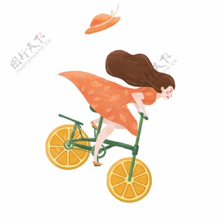 创意骑着橘子车的女孩元素
