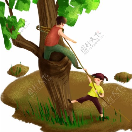 夏季爬树乘凉儿童形象元素