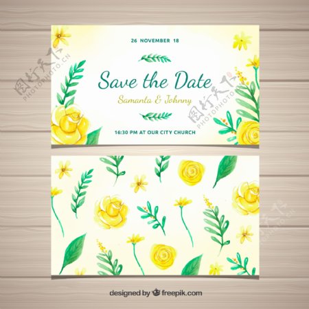 黄色玫瑰花婚礼邀请卡片正反面