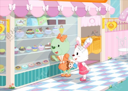 小兔蛋糕冰淇淋漫花插画动画