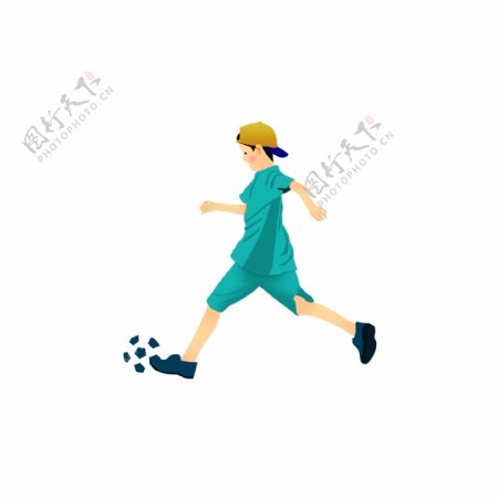 蓝色衣服踢足球小男孩素材