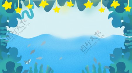 清新梦幻蓝色海洋插画背景