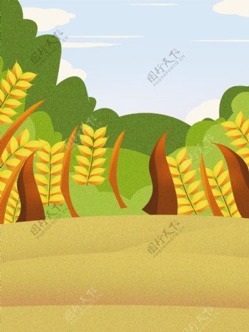 手绘夏季树林麦穗背景设计