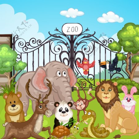 卡通动物园大门和动物