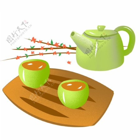 清明节绿色茶具手绘png免扣
