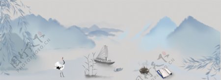 中國古代仙鶴船只banner背景圖