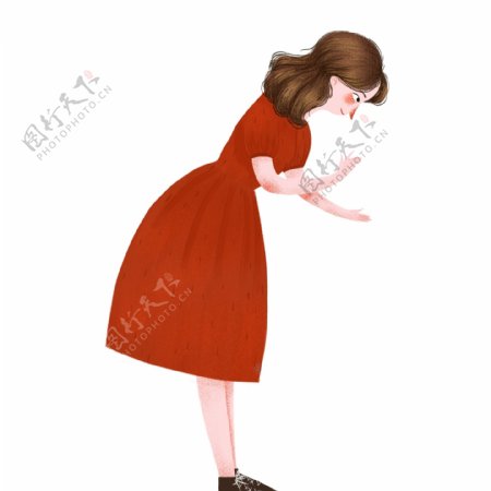 卡通红裙子少女人物png元素