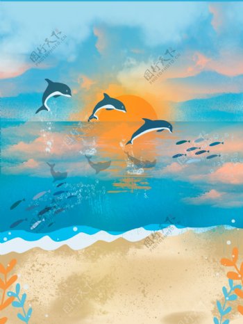 唯美海滩海豚背景设计