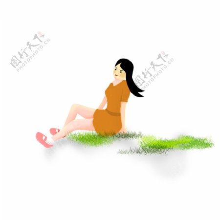 双手撑地坐在草地上的女孩手绘设计
