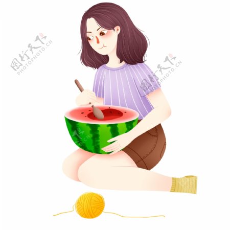 小清新夏天吃西瓜的女孩