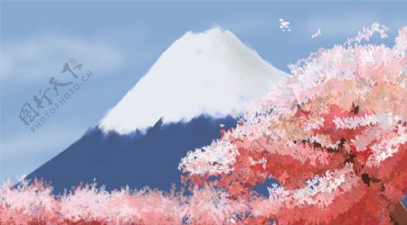 唯美手绘日本富士山插画背景
