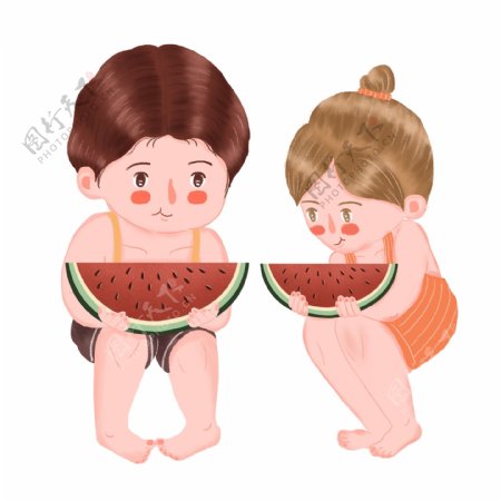 清凉夏天吃西瓜的兄妹俩手绘设计