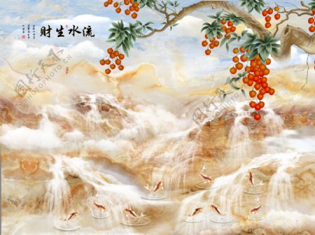 新中式大理石纹花鸟鱼背景墙
