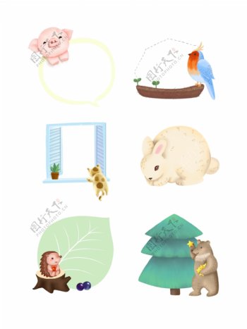 手绘卡通动物小猫刺猬鸟猪兔熊趴窗边框合集