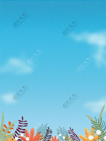 蓝色手绘清新花卉插画背景