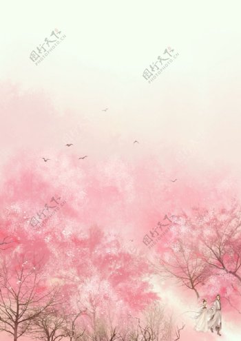 粉色花海飞鸟