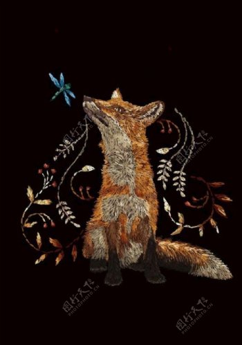 狐狸绣花服装图案T恤