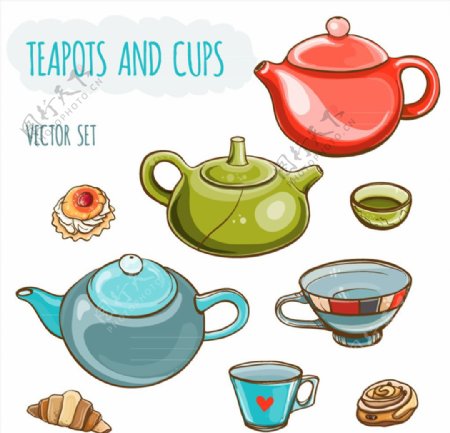 彩色茶壶与茶杯矢量素材