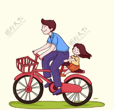 骑自行车的父女人物手绘插画