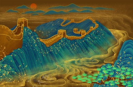 长城水墨水彩国风传统背景素材