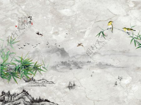 大理石纹山水竹子鸟装饰画沙发电