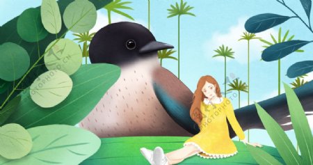 夏季人物小鸟插画卡通背景素材