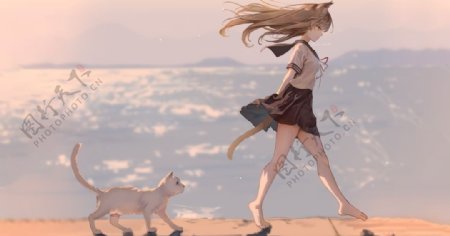 唯美猫妖少女和小白猫海边沙滩