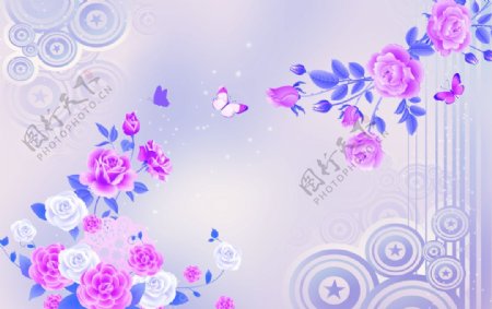 牡丹花蝴蝶富贵图背景墙紫色