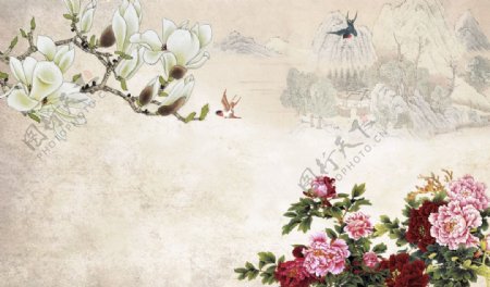 中式牡丹背景墙图片