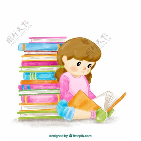彩绘读书的女孩图片