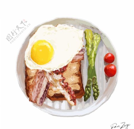 英式早餐芦笋煎蛋吐司插画图片