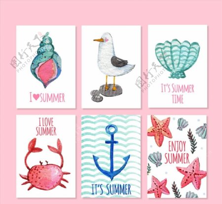 水彩绘夏季元素卡片图片