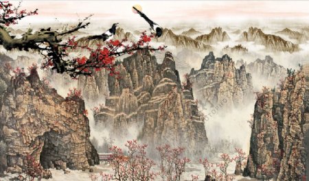 山水画梅花喜鹊背景墙图片