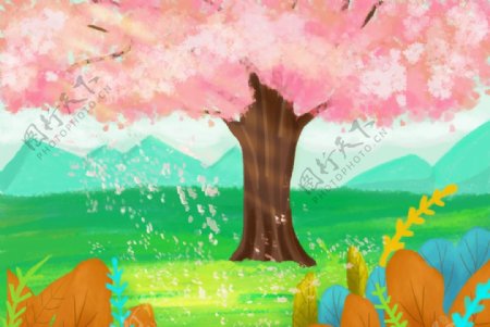 浪漫樱花树风景插画图片