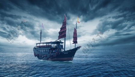 航海复古木船背景海报素材图片